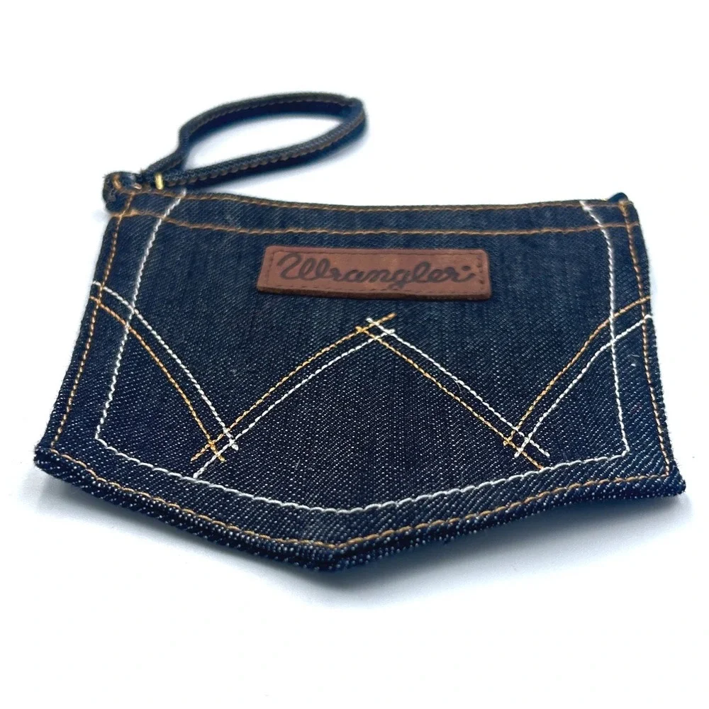 Wrangler Denim Pocket Wristlet Pouch Dark Wash Cotton Blue Western Americana